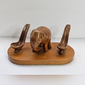 Wooden Carved Elephant Pipe Stand Rack Holder Display For 2 Smoking Pipes Vtg 9"
